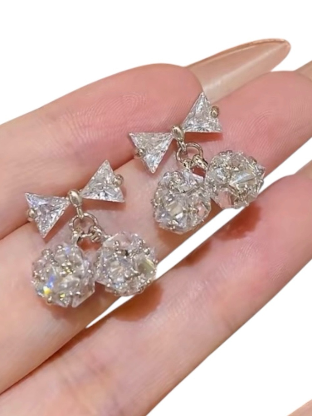 Crystal Bow Drop Earrings - Silver Tone - Picture 2 of 3